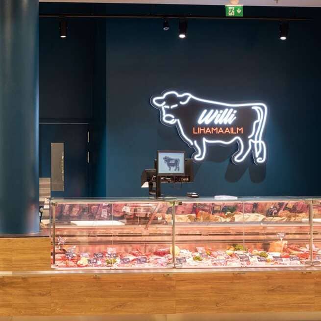 Custom butcher shop led neon sign with a cow outline