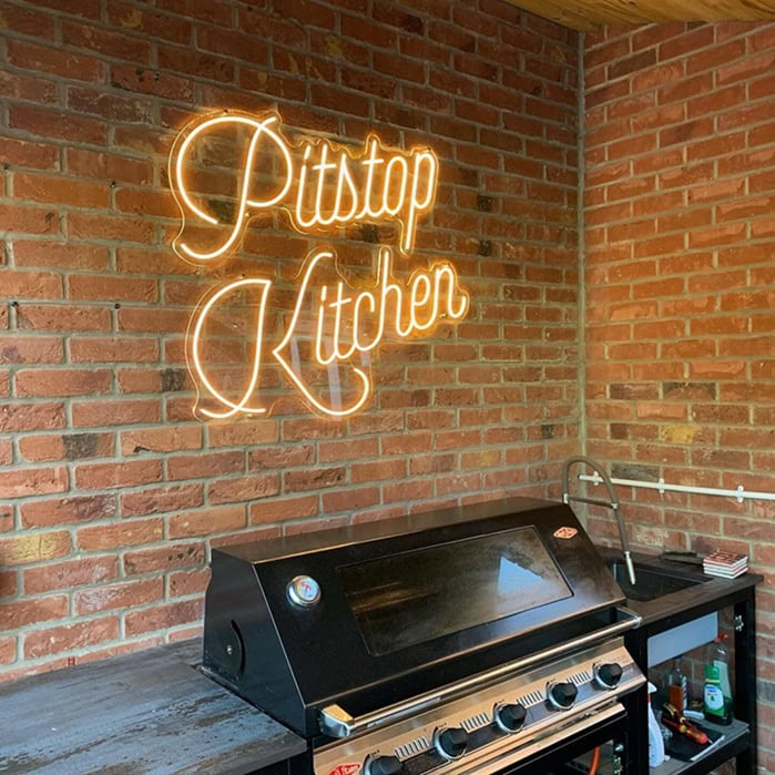 Custom kitchen name neon sign in warm white script