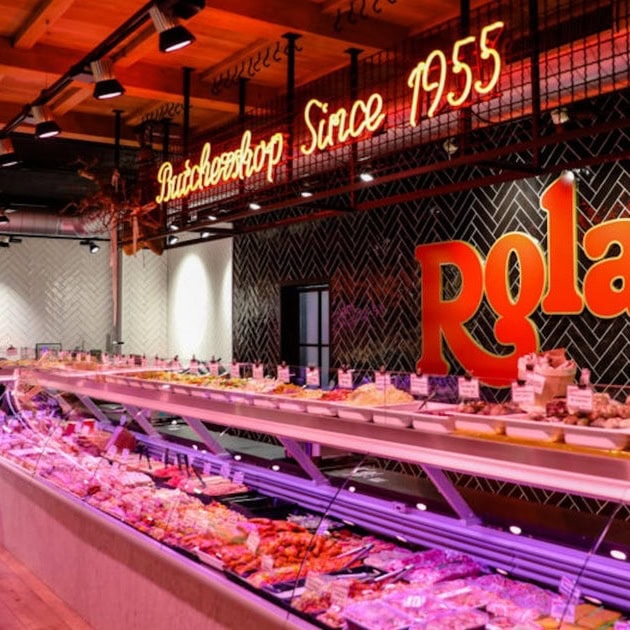 Custom red neon lettering for a butcher shop